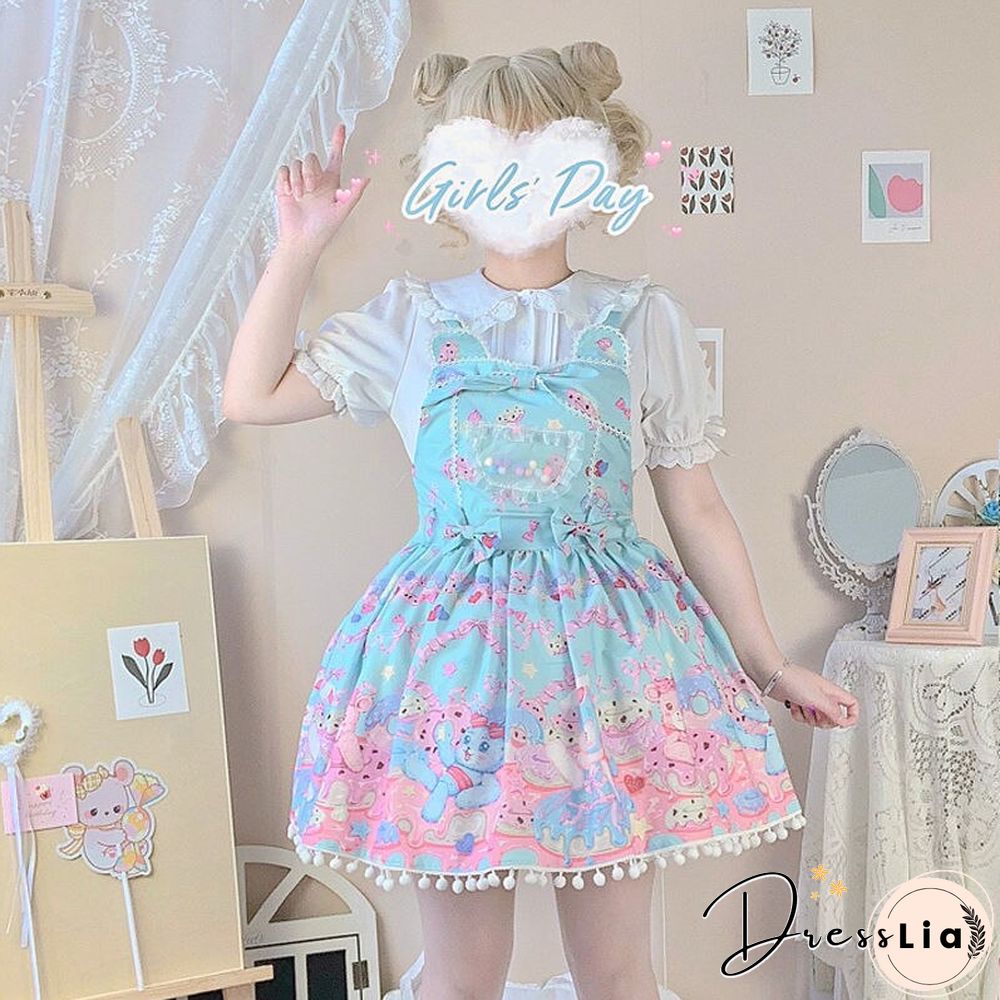 Sweet Lolita Milk Foam Pudding Print Cute Jsk Strap Dress Women Summer Tea Party Princess