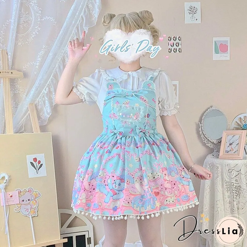 Sweet Lolita Milk Foam Pudding Print Cute Jsk Strap Dress Women Summer Tea Party Princess