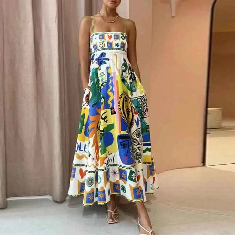Boho Floral Linen Maxi Dress for Women 9 Colors Summer Spaghetti Strap Style