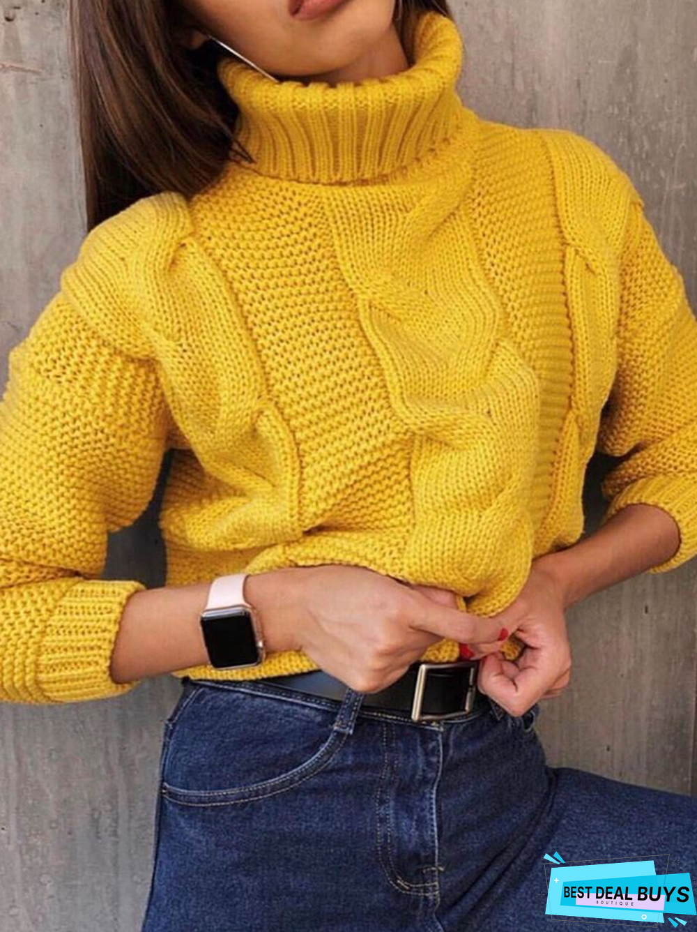 Yellow High Neck Sweet Jacquard Sweater