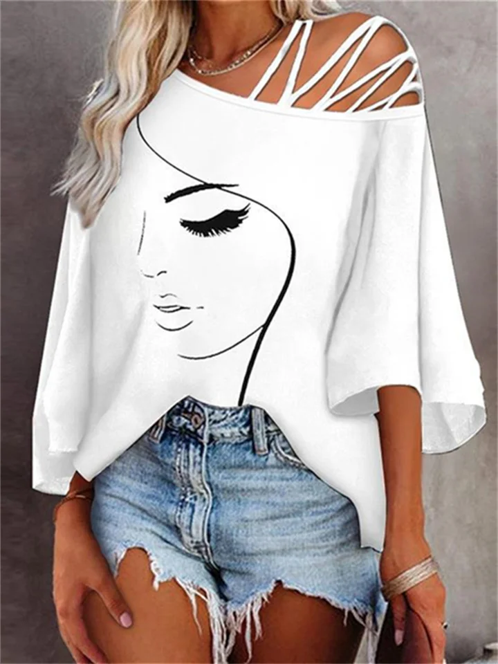 Fashion Stitching Loose Casual Tops Ladies Print T-shirt White Black Red Blue S M L XL 2XL