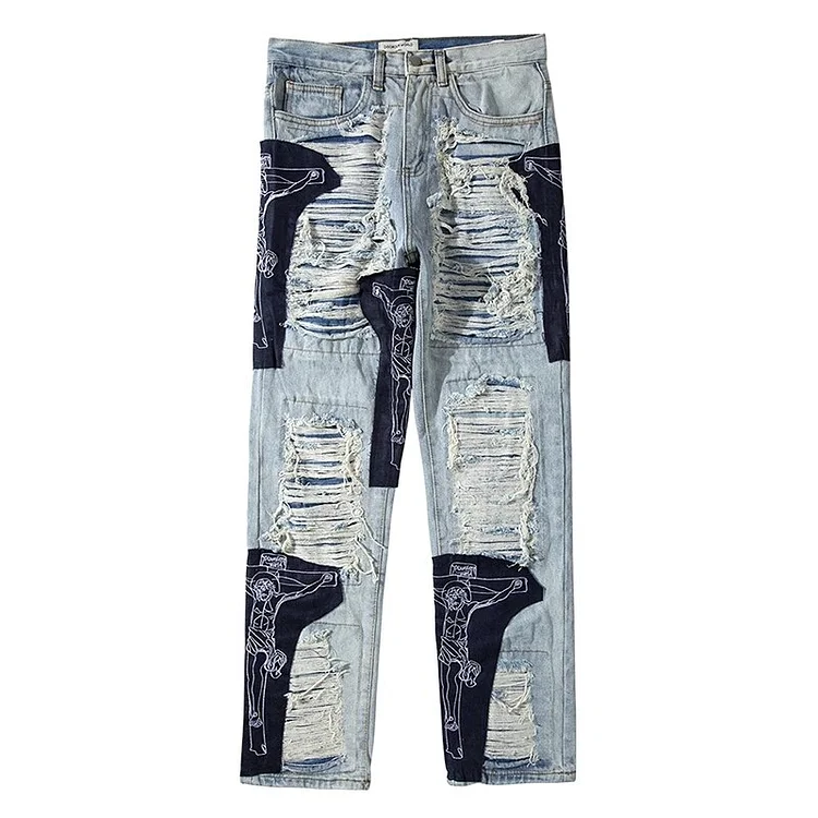 Men's High Street Cross Embroidery Ripped Tassel Jeans at Hiphopee