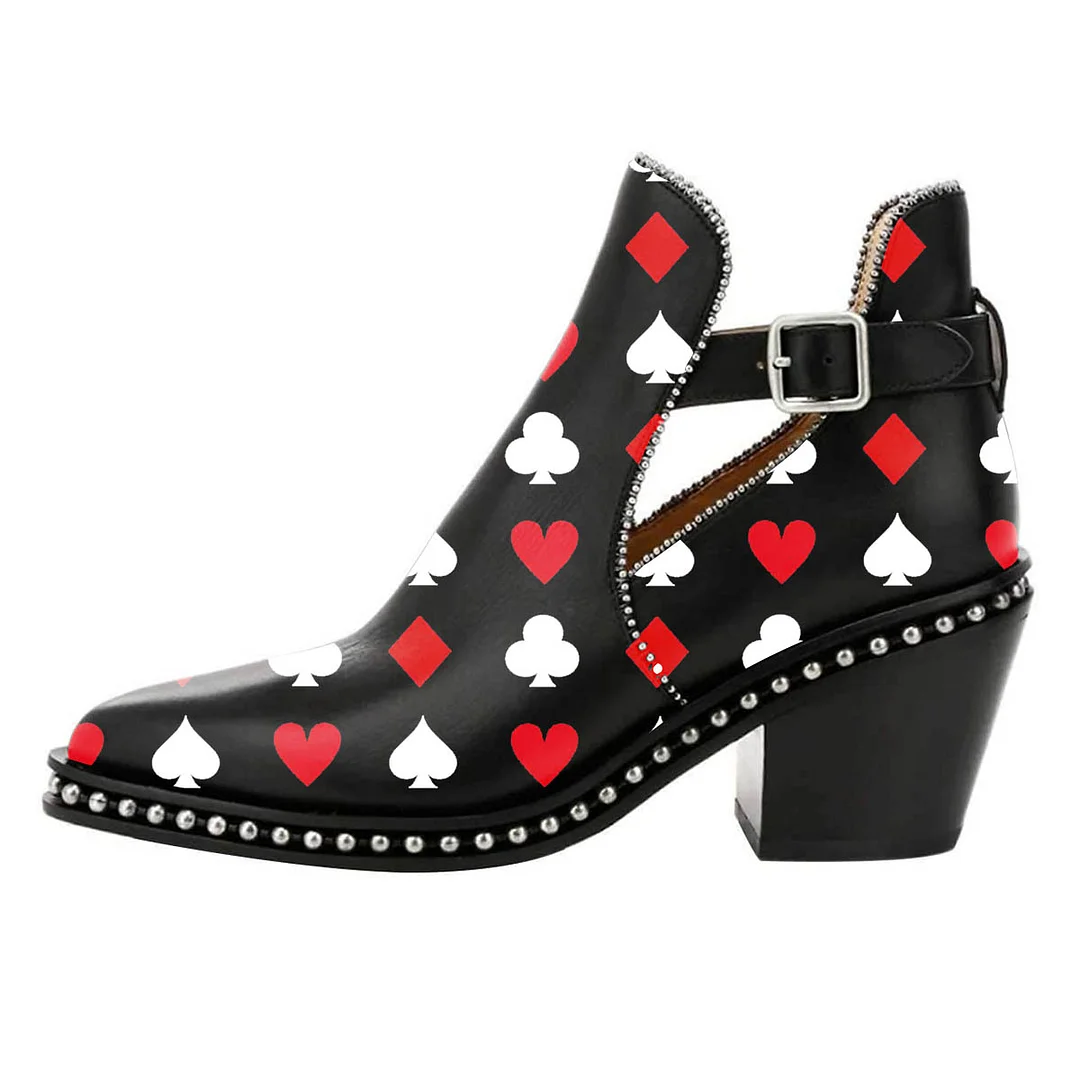 Poker Print Studded Buckle Strap Pointed Toe Chunky Heeled Booties