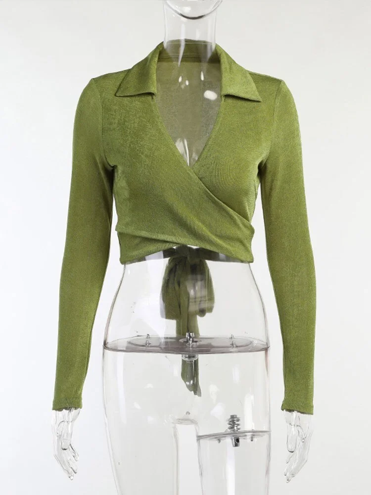 WannaThis Knitting Bandage Women Tops Sexy Casual Turn Down Collar Long Sleeve V-Neck Streetwear Waist Female Green T-Shirt 2021