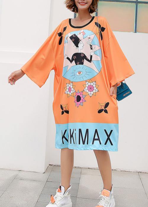 VCSHOES Orange Graphic Cotton Loose Summer Long Dress