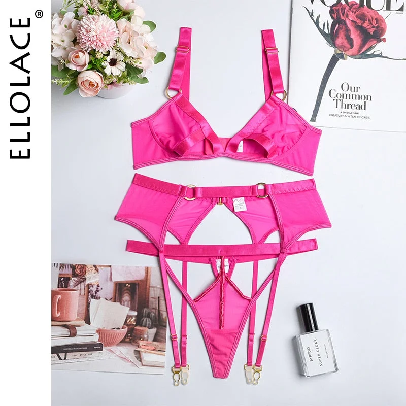 Ellolace Lace Hollow Out Lingerie Sexy 3 Piece Set Wireless Lace Erotic Lingerie Underwear Women Set Sensual Lingerie Sexy