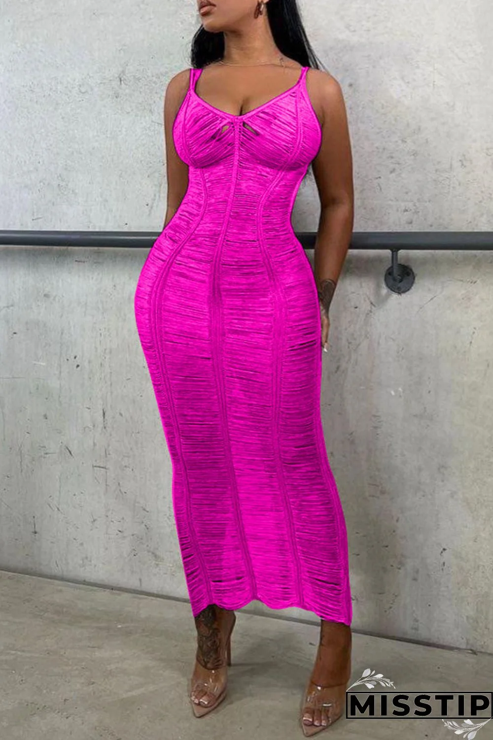 Rose Red Sexy Solid Backless Spaghetti Strap Long Dress Dresses