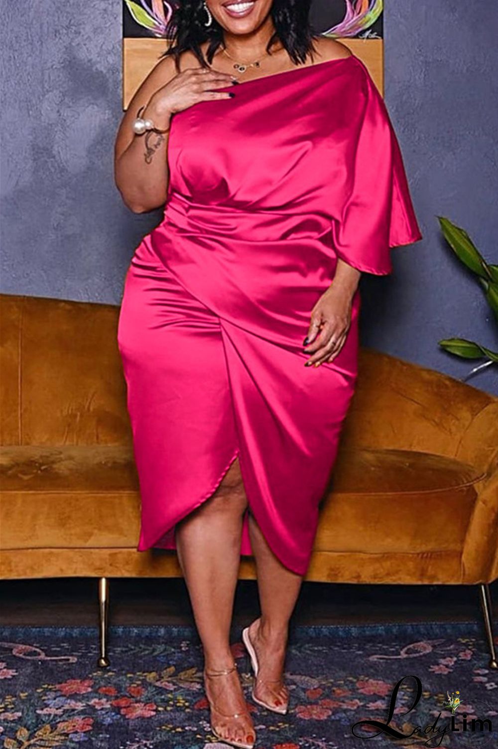 Ink Green Fashion Plus Size Solid Split Joint Backless Fold Oblique Collar Irregular Dress