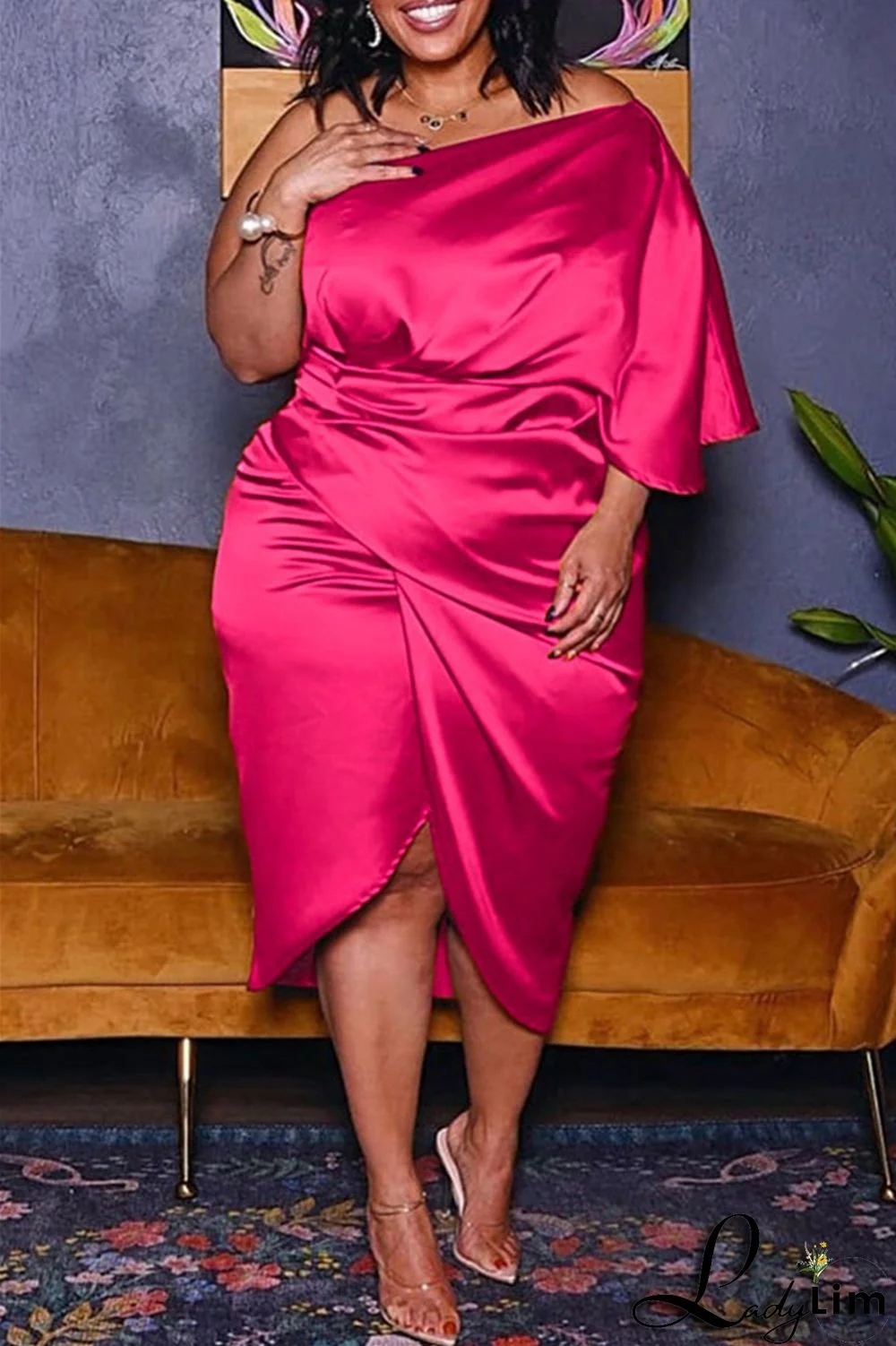 Ink Green Fashion Plus Size Solid Split Joint Backless Fold Oblique Collar Irregular Dress