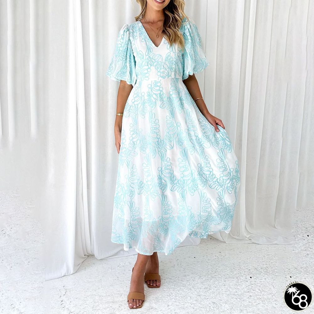 Distinctive Short Sleeve V-Neck Midi Dress | 168DEAL