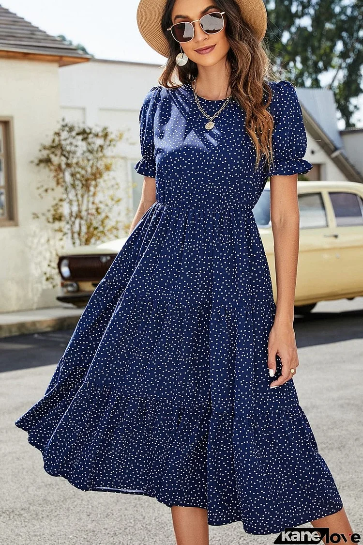 Polka Dot Short Flounce Sleeve Tiered Midi Dress