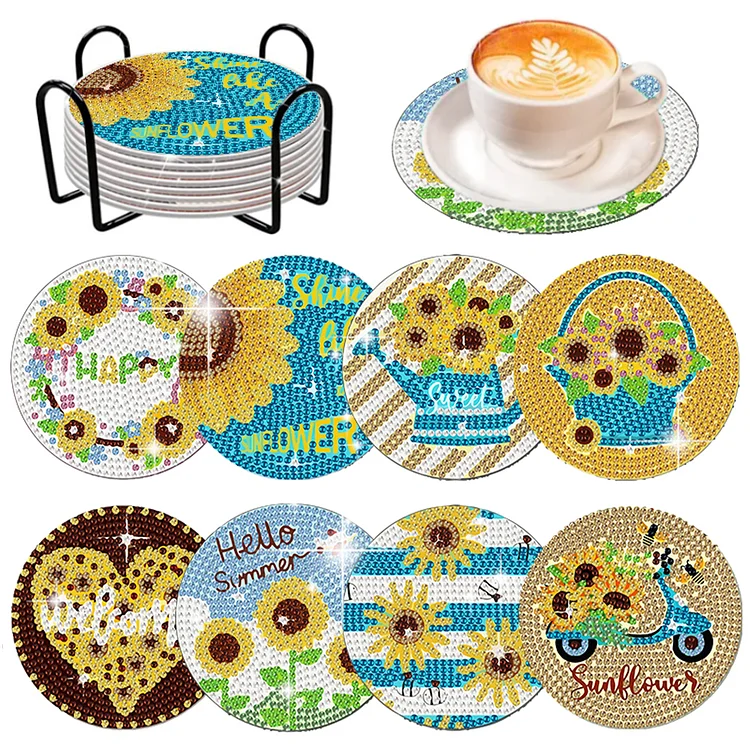 8 Pcs Wooden Sunflower Animal Diamond Painting Art Coasters for Beginners Adults