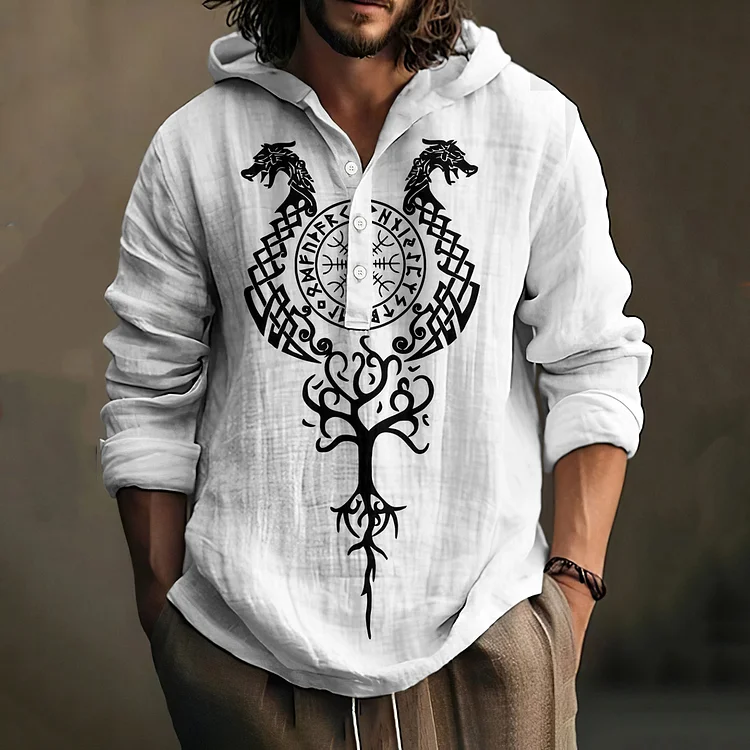 Vintage Viking Ethnic Dragon Totem Art Men'S Linen Hooded Shirt
