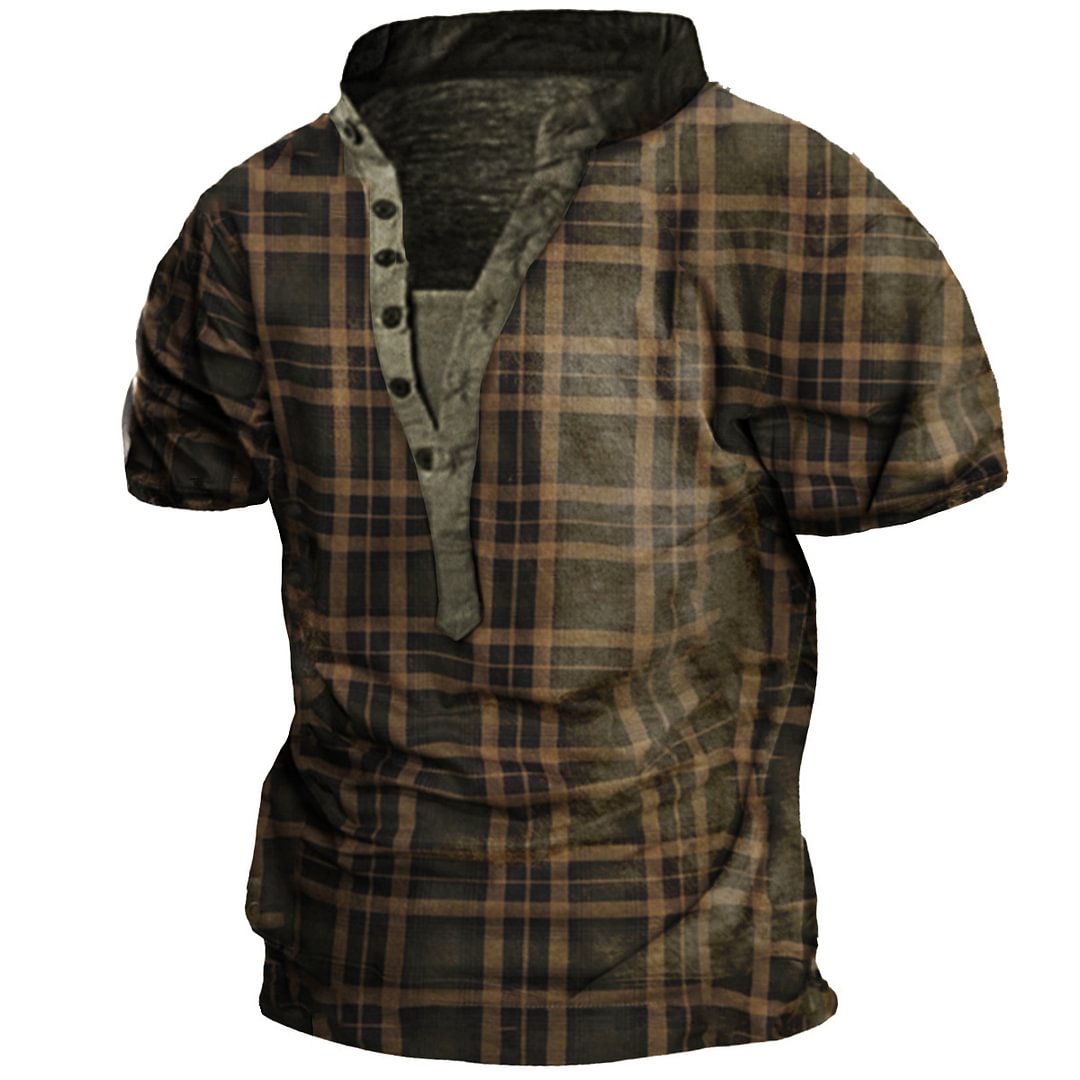 Men's Outdoor Vintage Print Casual Henley Short Sleeve Shirt-Compassnice®
