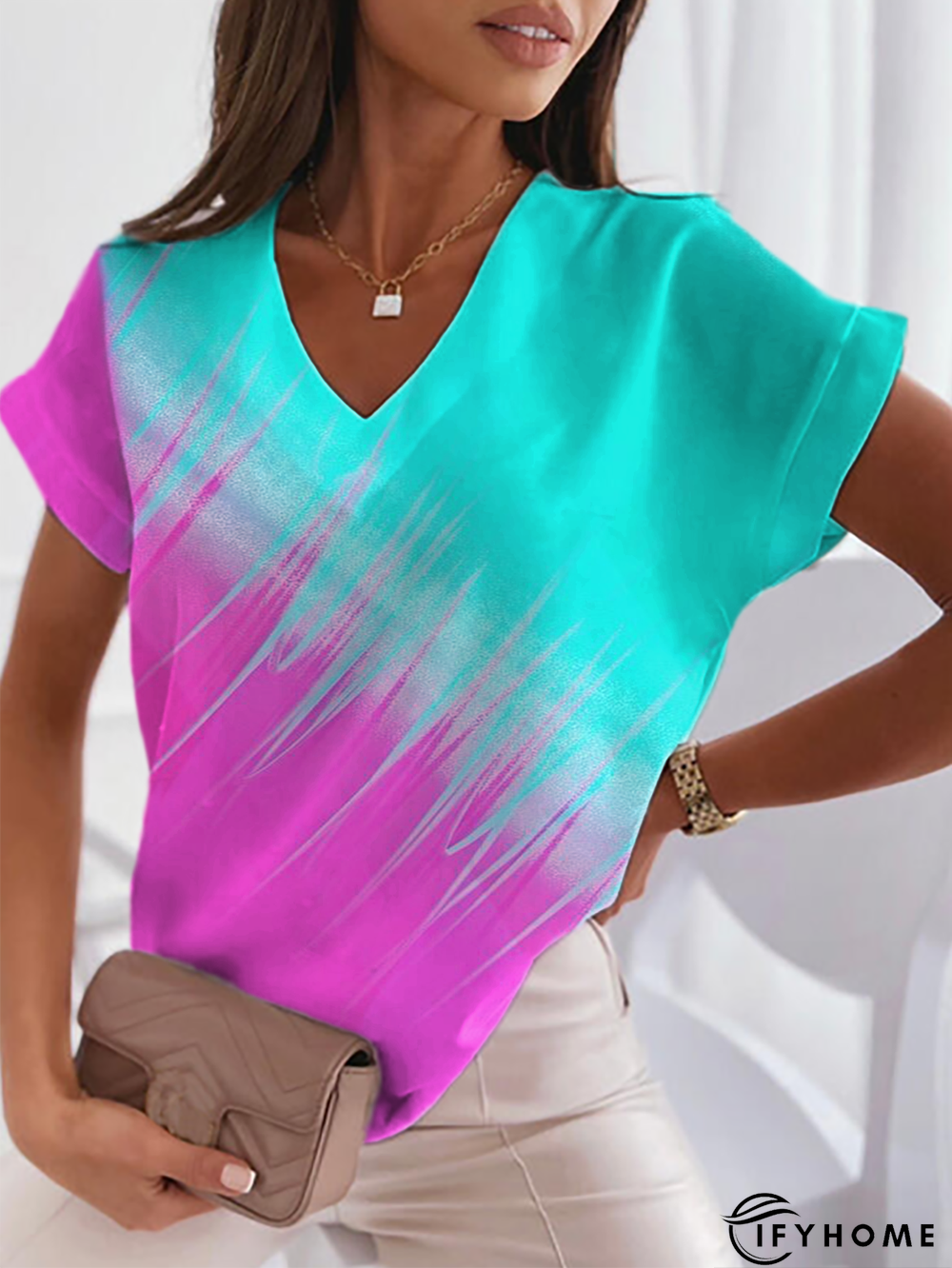 Casual V Neck Color Block Printed Top | IFYHOME