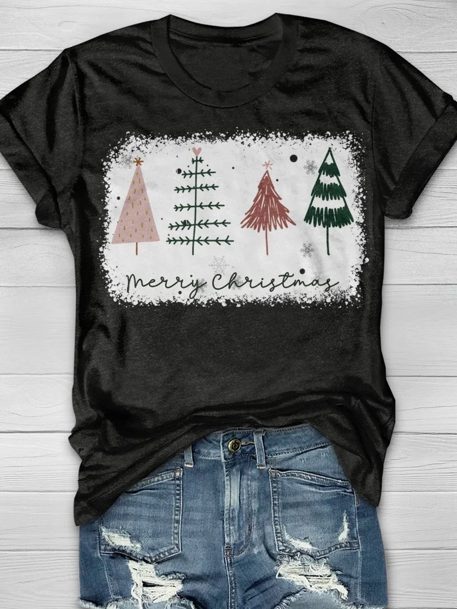 Eagerlys Merry Christmas Tree Print Short Sleeve T-shirt Eagerlys