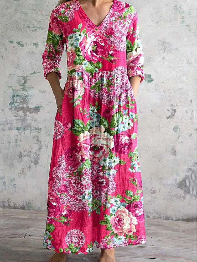 Women's 3/4 Sleeve V-neck Floral Printed Midi Dress