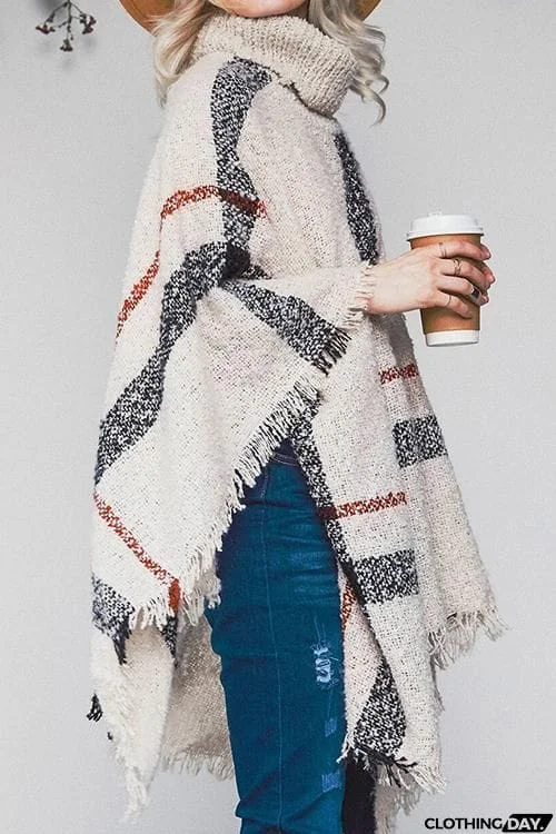 Stripe Tassel Loose High Collar Sweaters