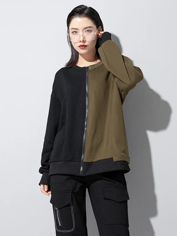 Casual Roomy Long Sleeves Contrast Color Split-Joint Zipper Round-Neck Sweatshirt Tops