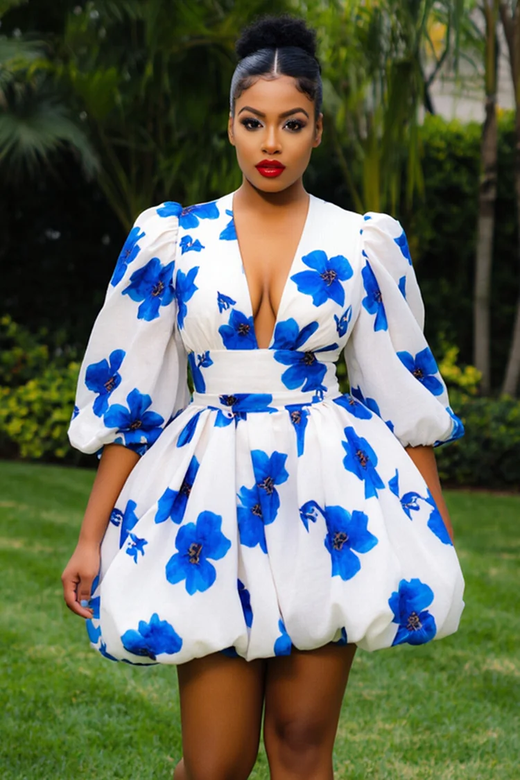 V Neck 3/4 Lantern Sleeve Floral Print Bubble Mini Dresses-White [Pre Order]