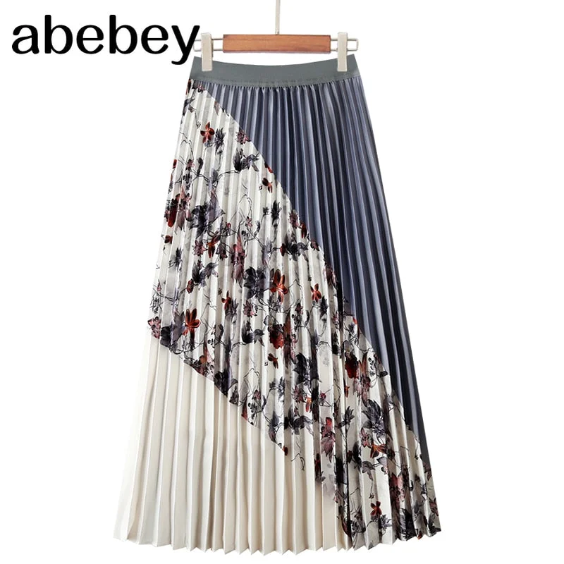 Women's High Waist A-line Skirt Irregular Floral Print Patchwork Umbrella Skirt Mid-long Pleated Skirt  New Autumn Winter