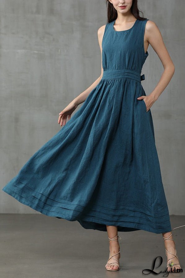 Cross Back O Neck Maxi Linen Dress