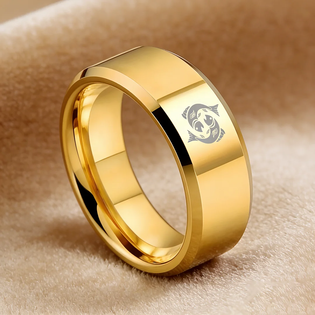 Mens Womens Gold Pisces Tungsten Carbide Bands Gold Edges and Laser Etched Wedding Rings Comfort Fit 4MM 6MM 8MM