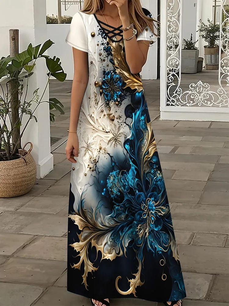 Elegant Women's Floral Print Maxi Dress With V-Neck & Cross Strap Detail - Black & Golden, Short Sleeve, Flowy Design For Summer Formality, Floral Maxi Dress