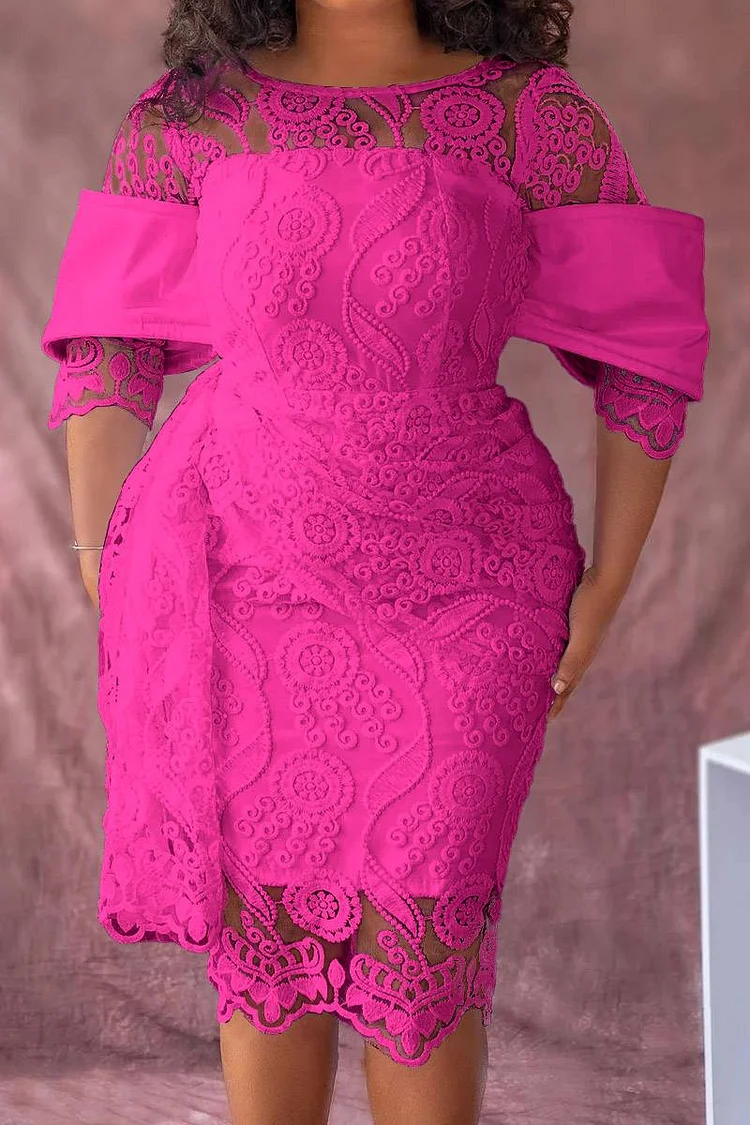 Plus Size Hot Pink Semi Formal Round Neck Lace Mini Dresses [Pre-Order]