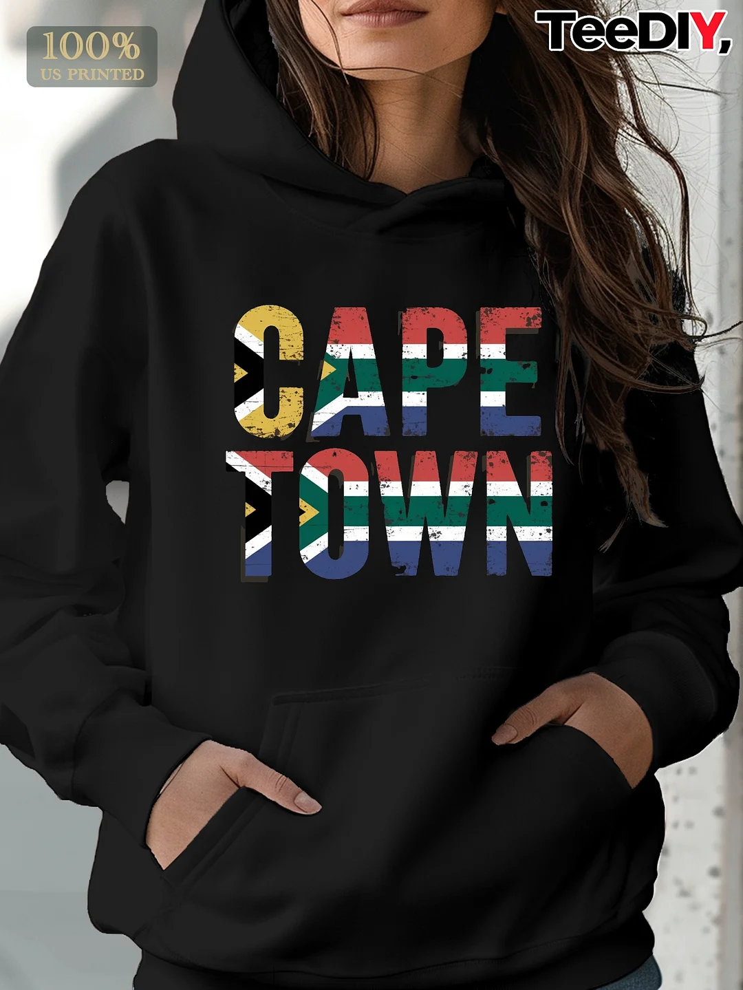 Teediy Women's Hoodie - Cape Town Flag Colors Red, Blue, Green, Yellow, Black) Pullover Sweatshirt - Non-Stretch Hooded Sweater For South African Culture Fans - Machine Washable Fall/Winter Casual Outerwear, Cozy Winter Wear, Comfortable Fabric | IFYHOME