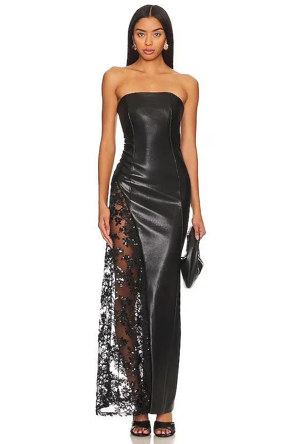 Zingj INS Solid Color PU Leather Fashion Temperament Body-Meared Lace Explosion Sexy Mid-Long Dress Dress Dress