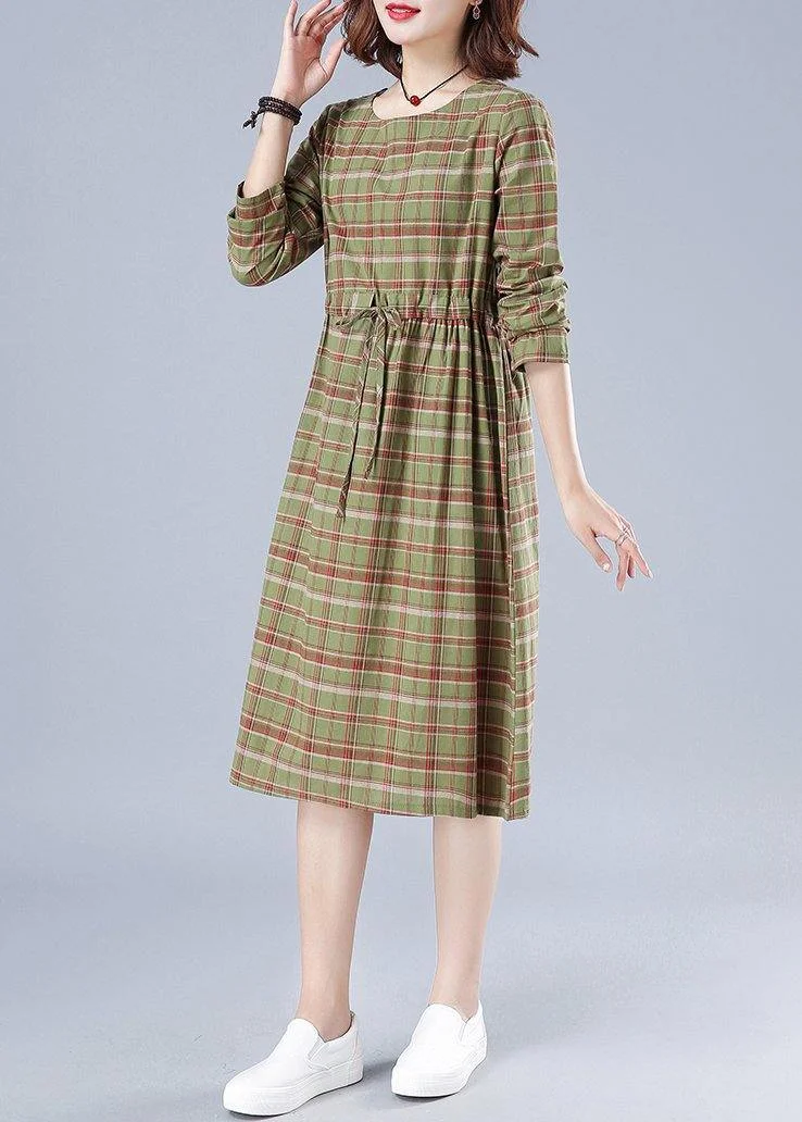 Natural Green Plaid Dresses O Neck Drawstring Knee Spring Dress