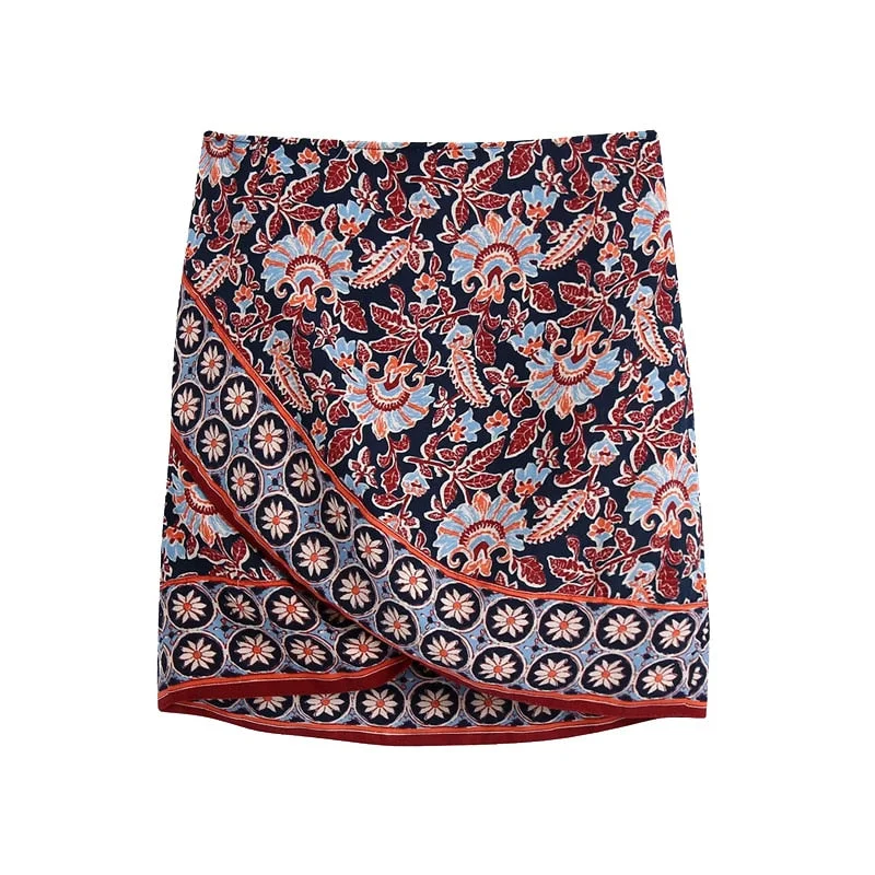 KPYTOMOA Women 2021 Chic Fashion Totem Print Asymmetry Wrap Mini Skirt Vintage High Waist Side Bow Tied Female Skirts Mujer