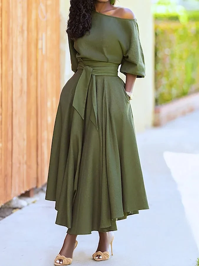 Slash Collar Tie Waist Pocket Dress