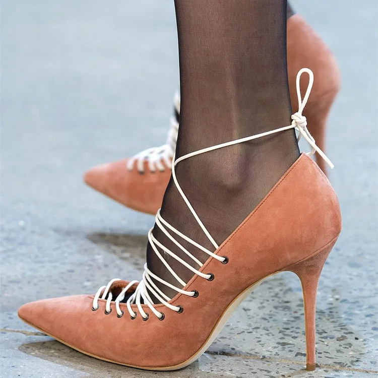 4 inch Heels Old Pink Lace up Stiletto Heels Pointy Toe Pumps |FSJ Shoes