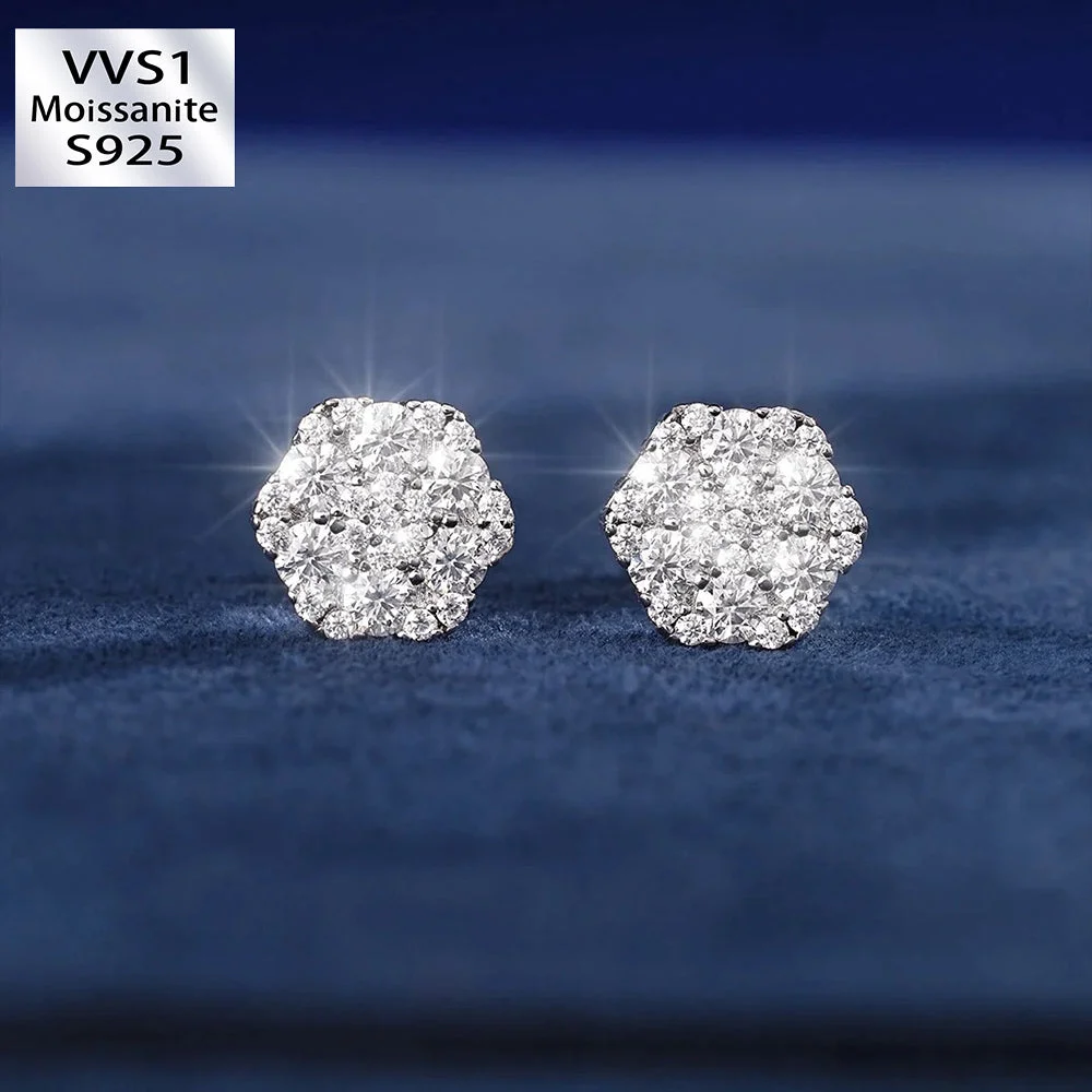 Total 4.2CT 925 Sterling Silver VVS1 Moissanite Cluster Hexagon Earrings