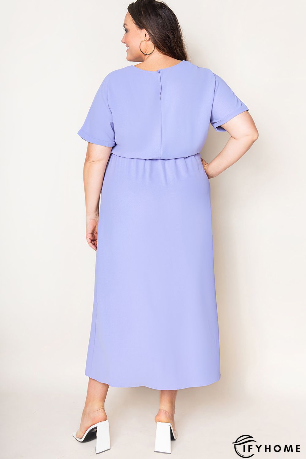 Purple Plus Size Roll up Short Sleeves High Low Maxi Dress | IFYHOME