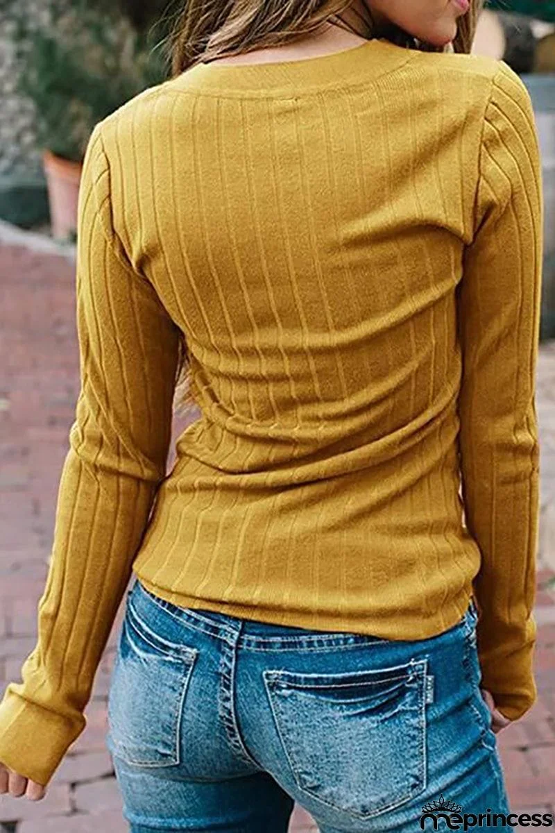 Button V Neck Slim Sweatershirt