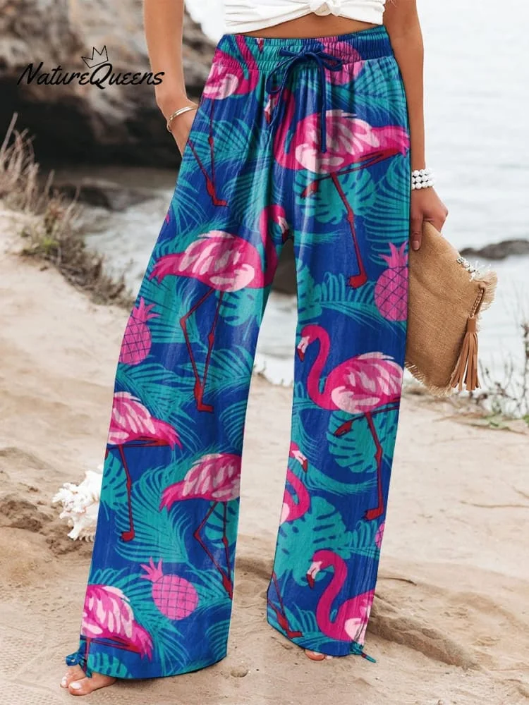 Women's Vacation Beach Blue Tropical Palm Leaves Flamingo Art Printed Cotton And Linen Casual Pants