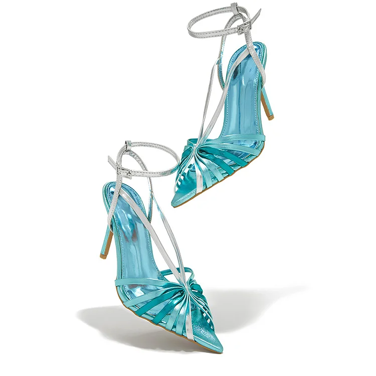 Silver & Blue Strappy Shoes Classic Pointy Toe Stiletto Heels Elegant Office Sandals |FSJ Shoes