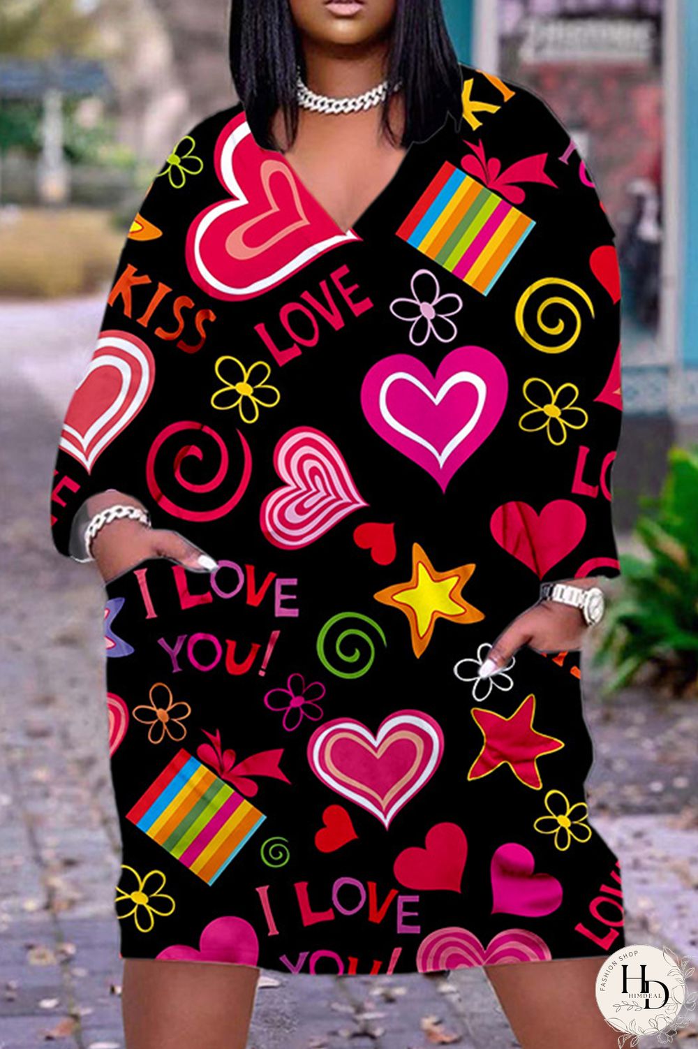 Deep Pink Casual Print Basic V Neck Long Sleeve Dresses