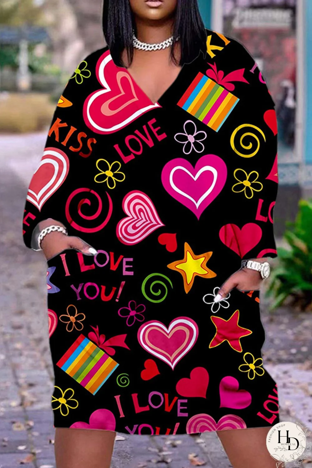 Deep Pink Casual Print Basic V Neck Long Sleeve Dresses