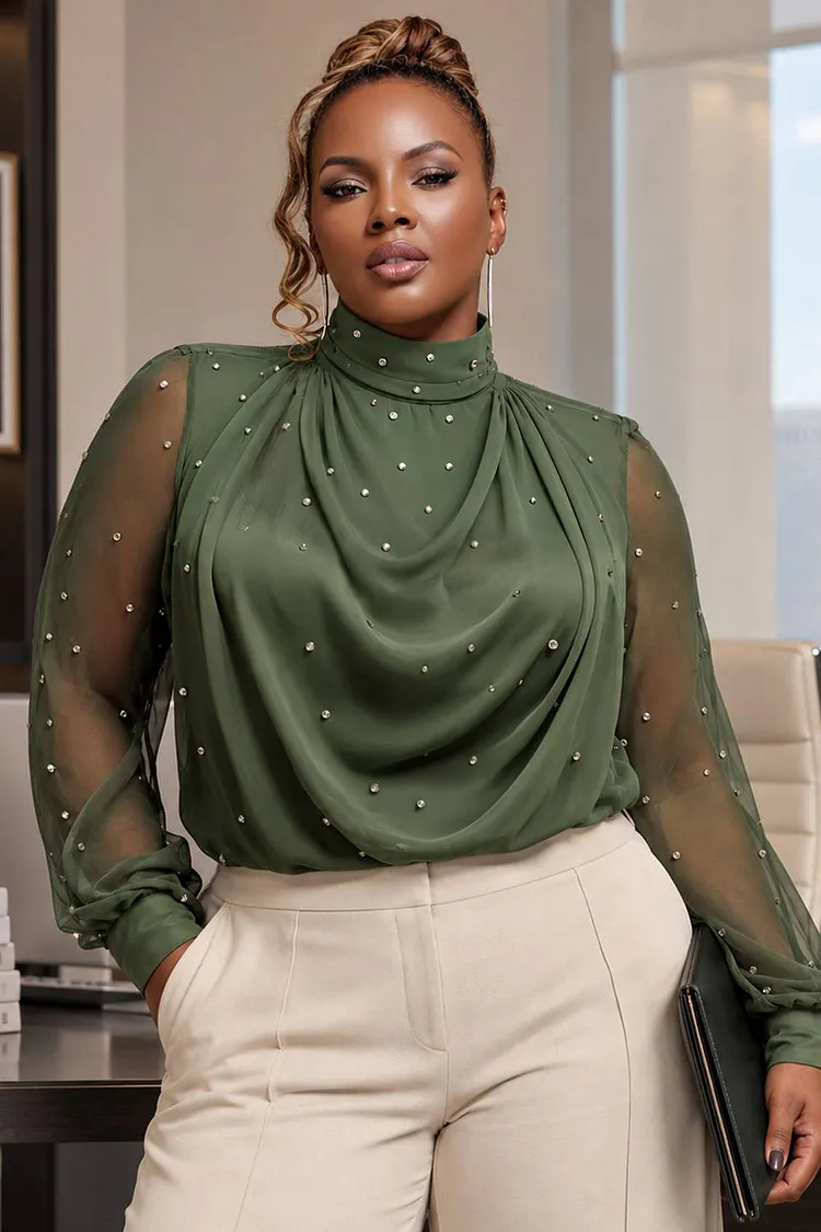 Xpluswear Design Plus Size Business Casual Green Mock Neck Long Sleeve Fold Drilling Chiffon Blouses [Pre-Order] 2024 - Xpluswear