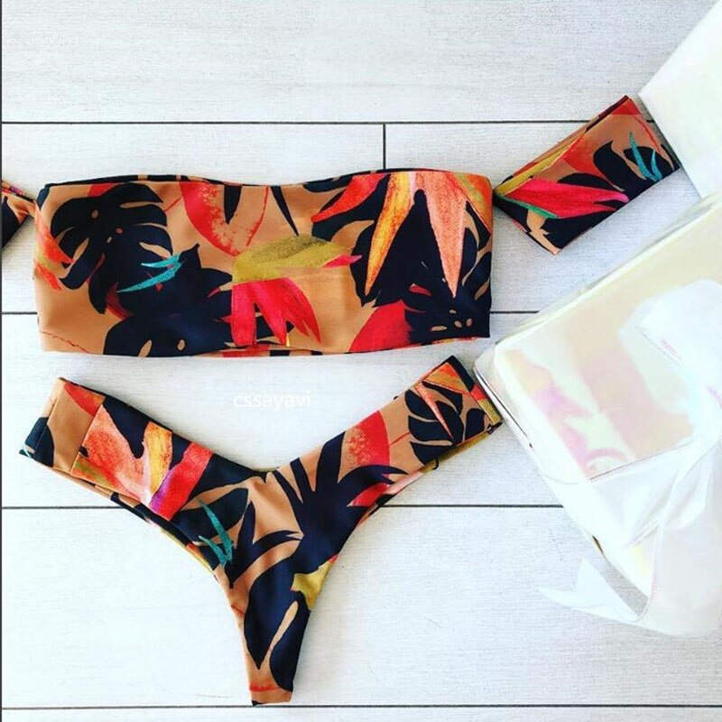 Women Swimwear 2019 Sexy Print Bandage Brazilian Bikini Off Shoulder Swimsuit Beach Thong Bathing Suit 3096