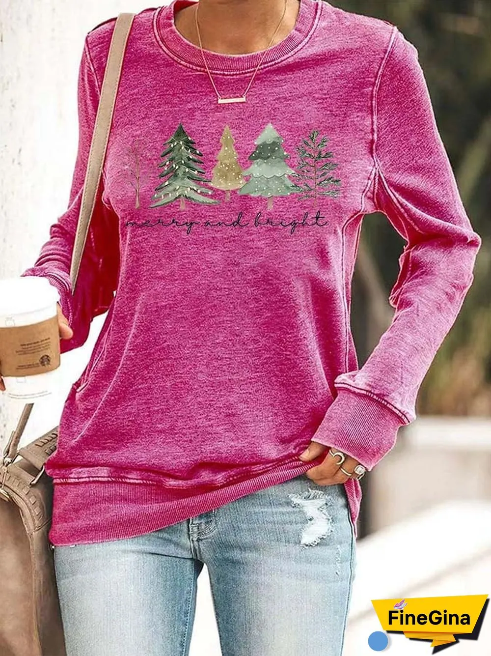 Women's Casual Merry And Bright Printed Long Sleeve Sweatshirt