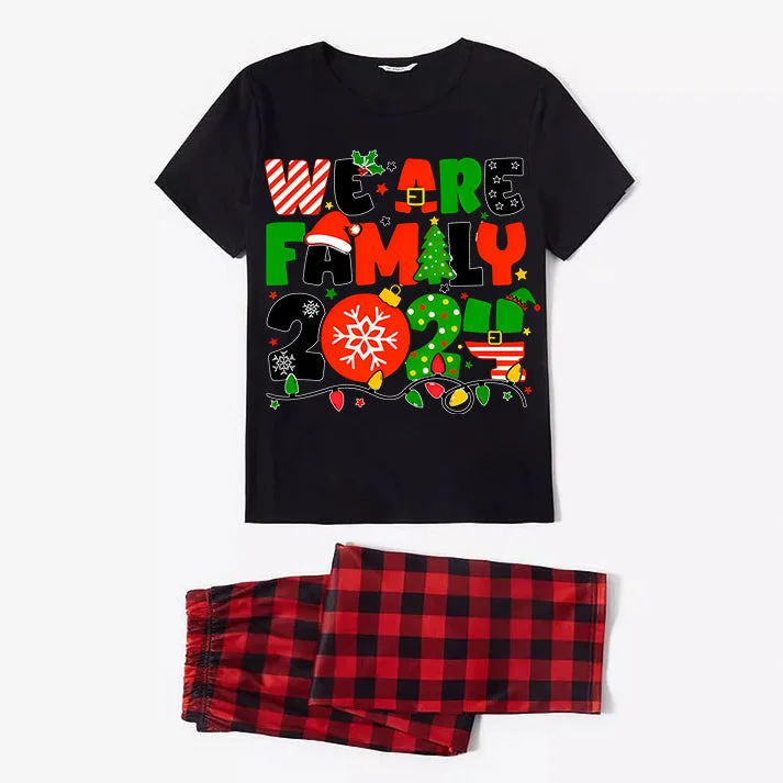 Christmas "We are Family" Colorful Multi-Element Letter Prints Black Short Sleeve with Red & Black Plaid Pant Family Matching Pajamas