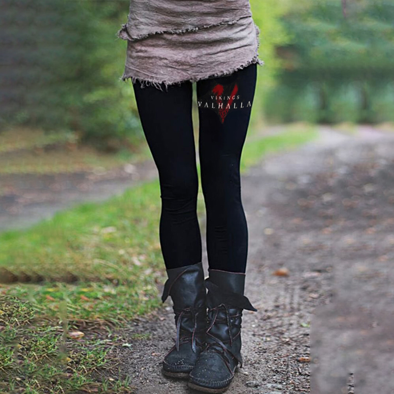 Vikings Valhalla Tribal Totem Text Print Retro Leggings elevenforest
