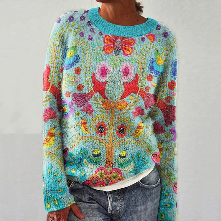 Vintage Tree Bird Print Women's Knitted Sweater