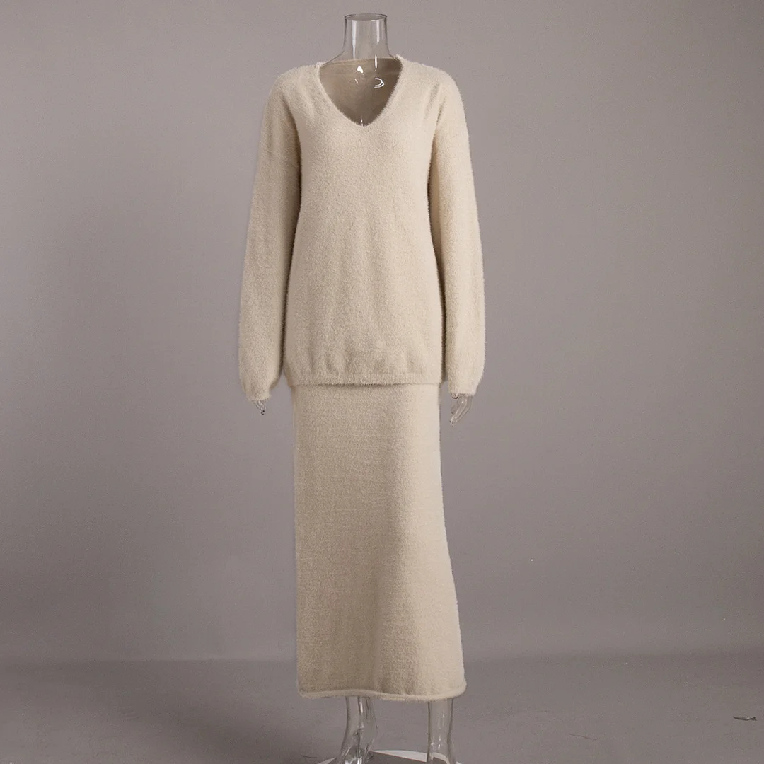 Churchf Churchf Mink Wool Sweater Suit Female Autumn And Winter Commute Simple Knit V-Neck Sweater Half Body