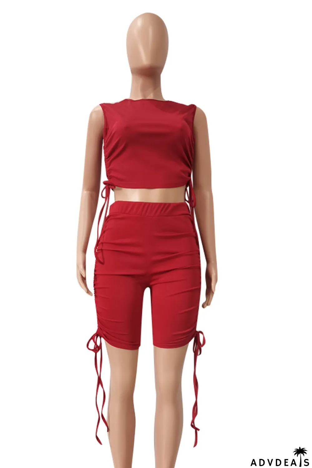 Summer Casual Red Ruched Strings Crop Top and High Waisted Shorts 2PC Matching Set